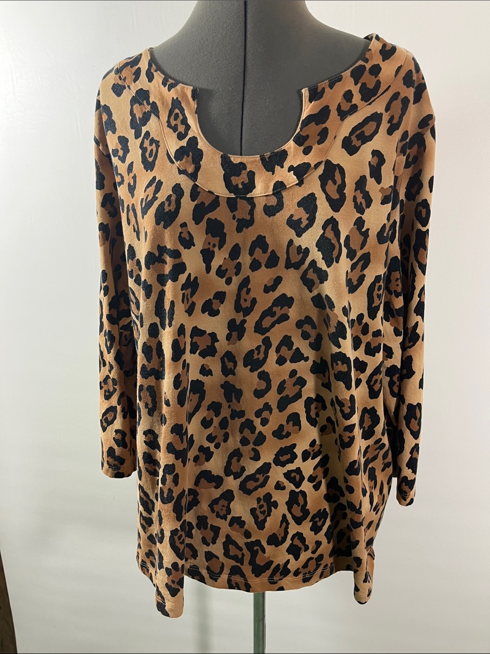 Ruby Rd. Leopard Print Scoop Neck Long Sleeve Top - Brown/Black Women Size 2X